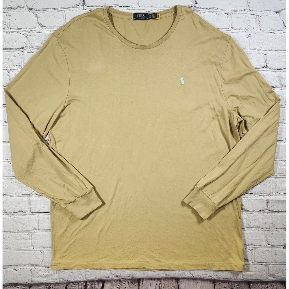Polo Ralph Lauren Mens XXL Long Sleeve T-Shirt Tan Khaki Crewneck Pony Logo